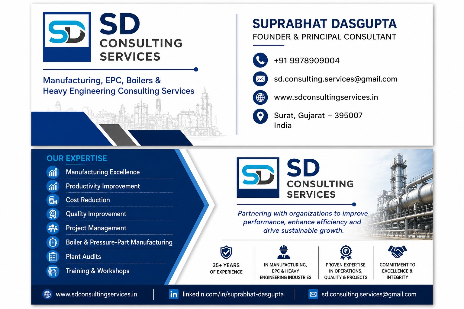 SD Consulting Services business card — Suprabhat Dasgupta, Founder & Principal Consultant