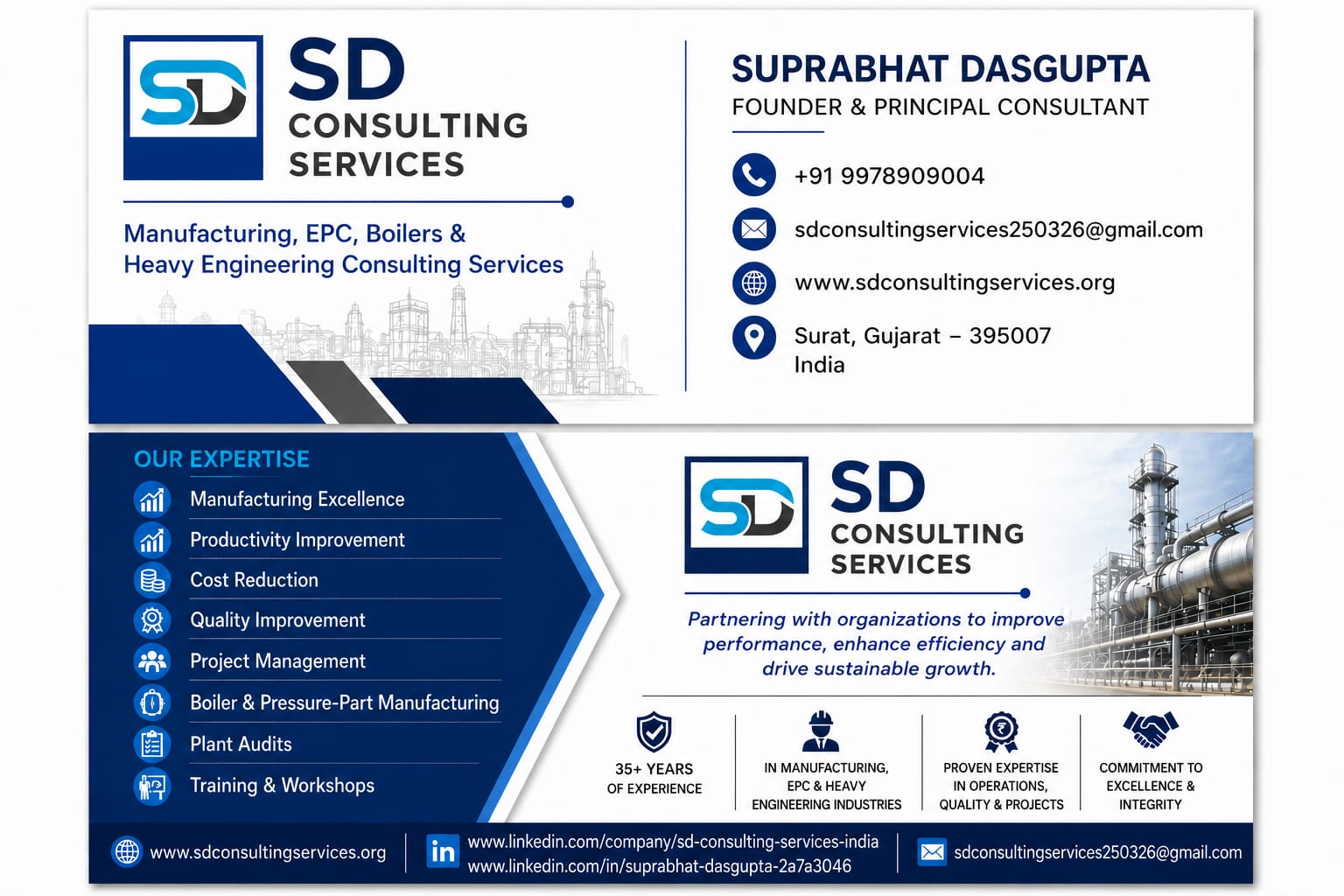 SD Consulting Services business card — Suprabhat Dasgupta, Founder & Principal Consultant