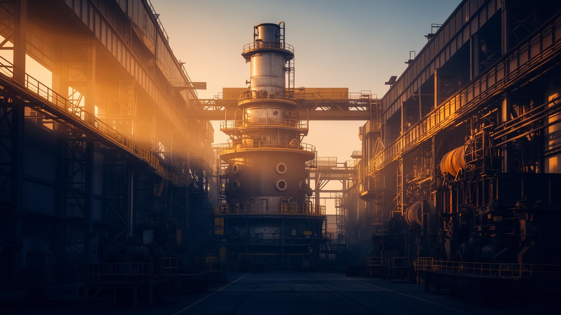 Heavy engineering manufacturing facility at golden hour